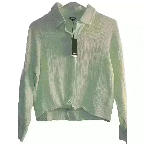 Monrow Top Womens Small Green Twist Front Button Shirt Crinkle Cotton Beach - Picture 1 of 9